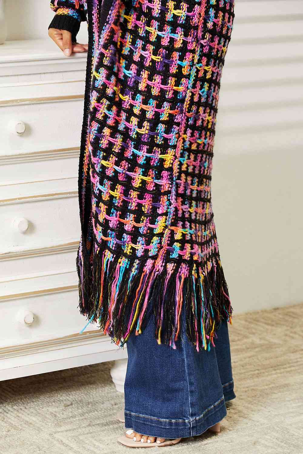 Double Take Full Size Multicolored Open Front Fringe Hem Cardigan - TRENDMELO