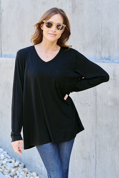 Basic Bae Full Size V-Neck Long Sleeve Top - TRENDMELO