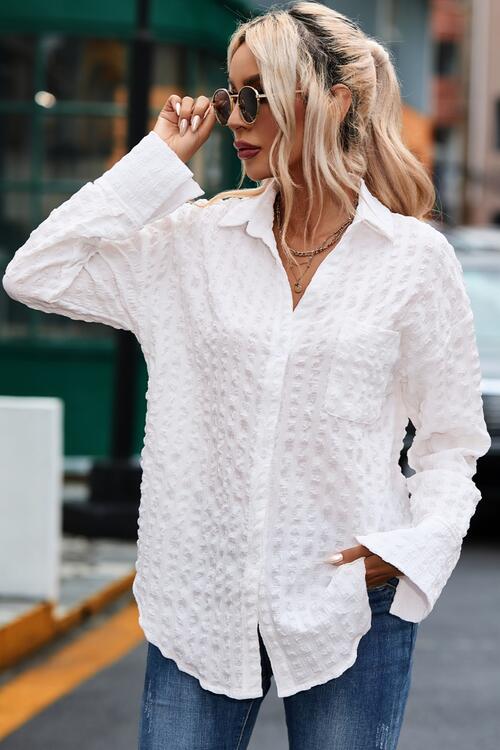 Textured Button Up Shirt with Pocket - TRENDMELO