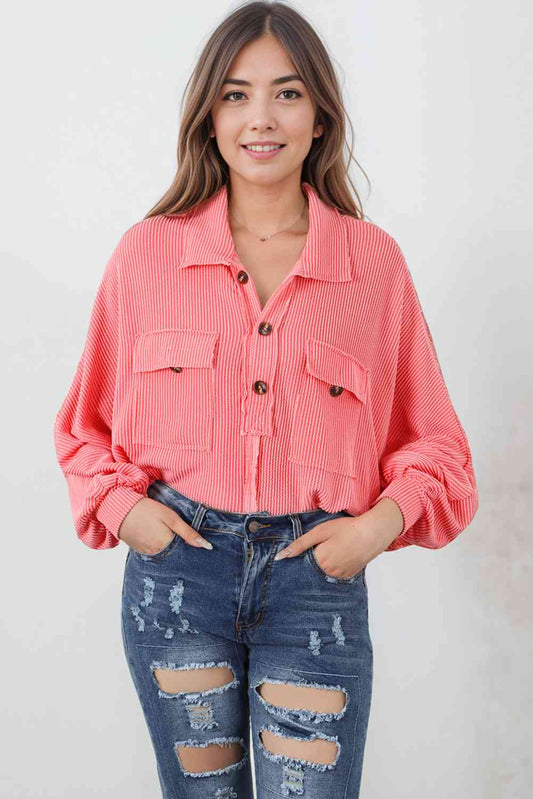 Buttoned Collared Neck Long Sleeve Top - TRENDMELO