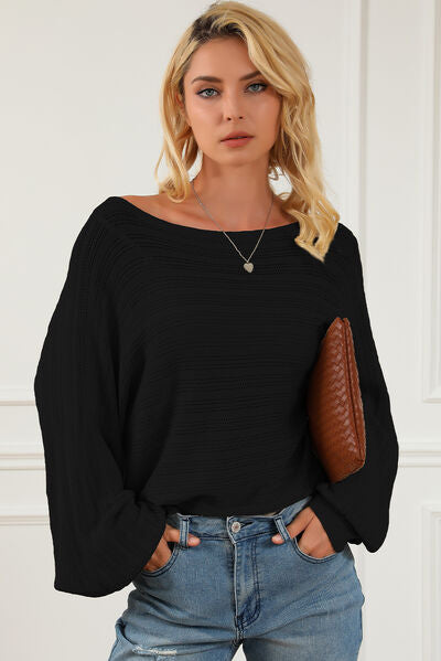 Openwork Boat Neck Lantern Sleeve Sweater - TRENDMELO