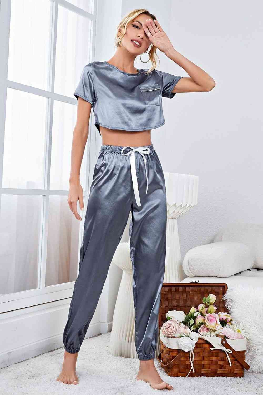 Satin Short Sleeve Crop Top and Joggers Lounge Set - TRENDMELO