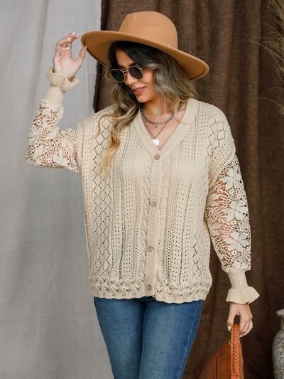 Eyelet Button Up Lantern Sleeve Cardigan - TRENDMELO