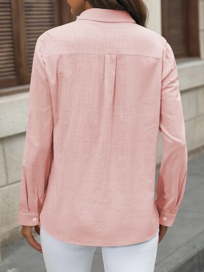 Button Up Pocketed Long Sleeve Shirt - TRENDMELO