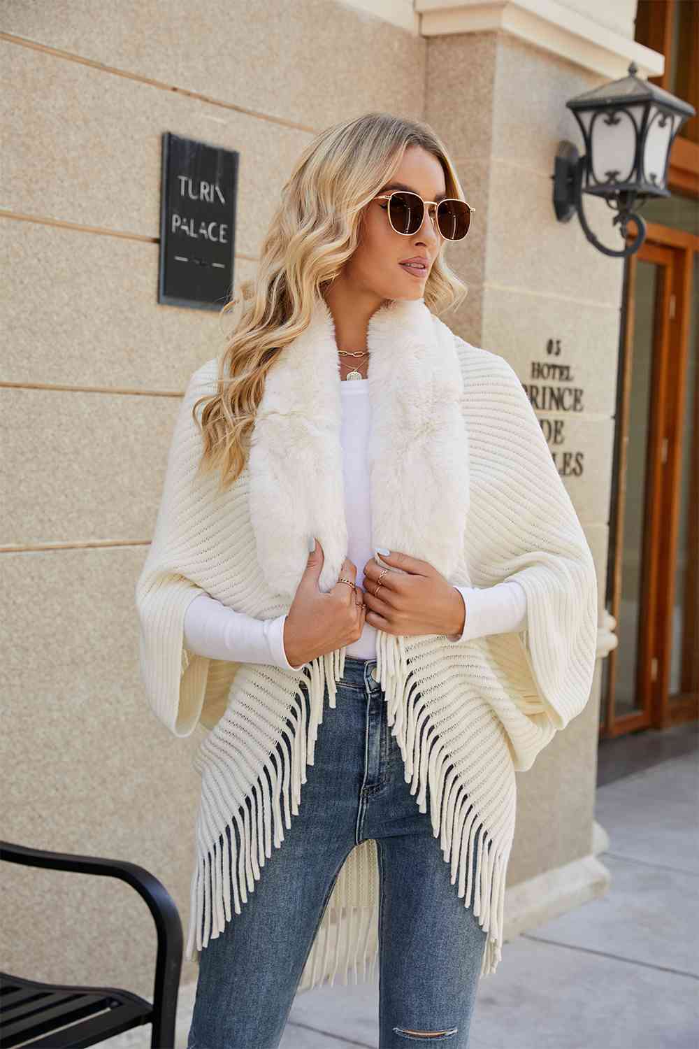 Fringe Detail Long Sleeve Ribbed Poncho - TRENDMELO