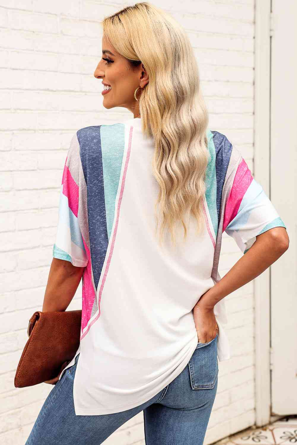 Rainbow Stripe Slit V-Neck Tee - TRENDMELO