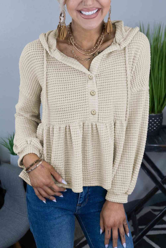Full Size Buttoned Waffle-Knit Dropped Shoulder Hoodie - TRENDMELO