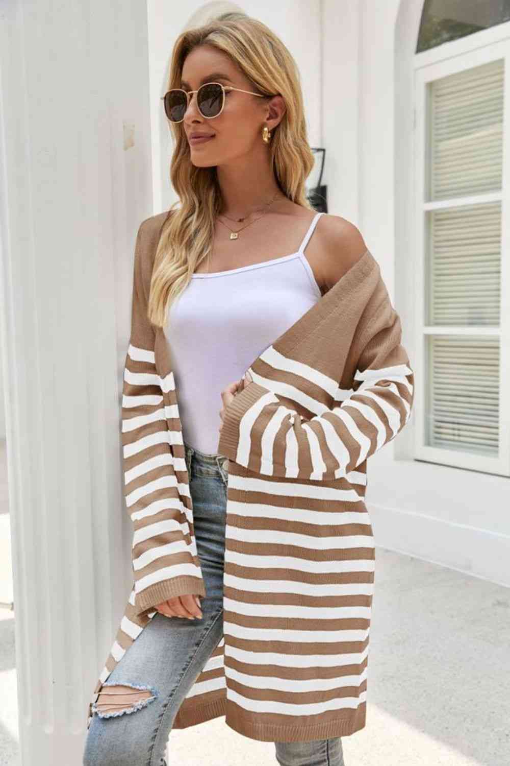 Striped Open Front Longline Cardigan - TRENDMELO