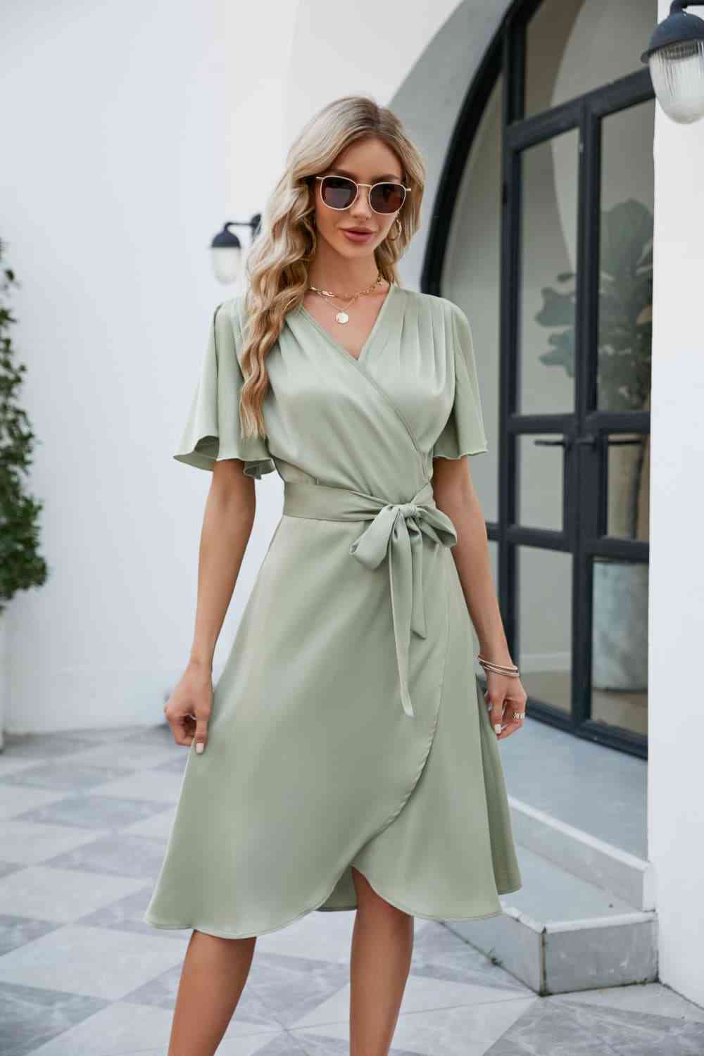 Tie Waist Flutter Sleeve Surplice Dress - TRENDMELO