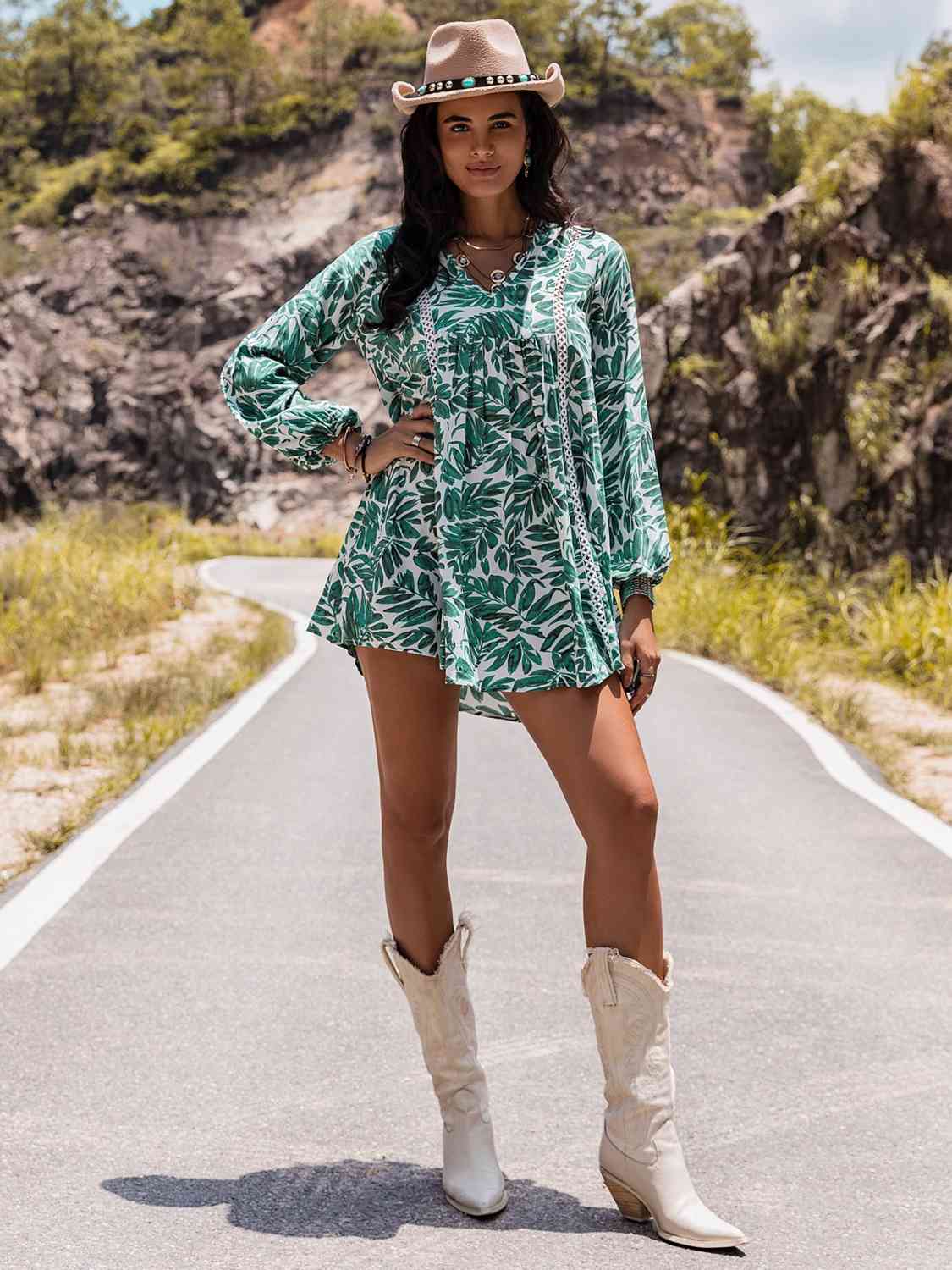 Long Sleeve V-Neck Mini Dress - TRENDMELO