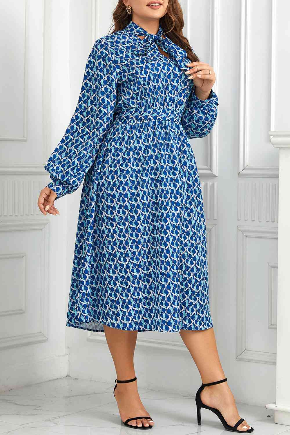 Plus Size Printed Tie Neck Midi Dress - TRENDMELO