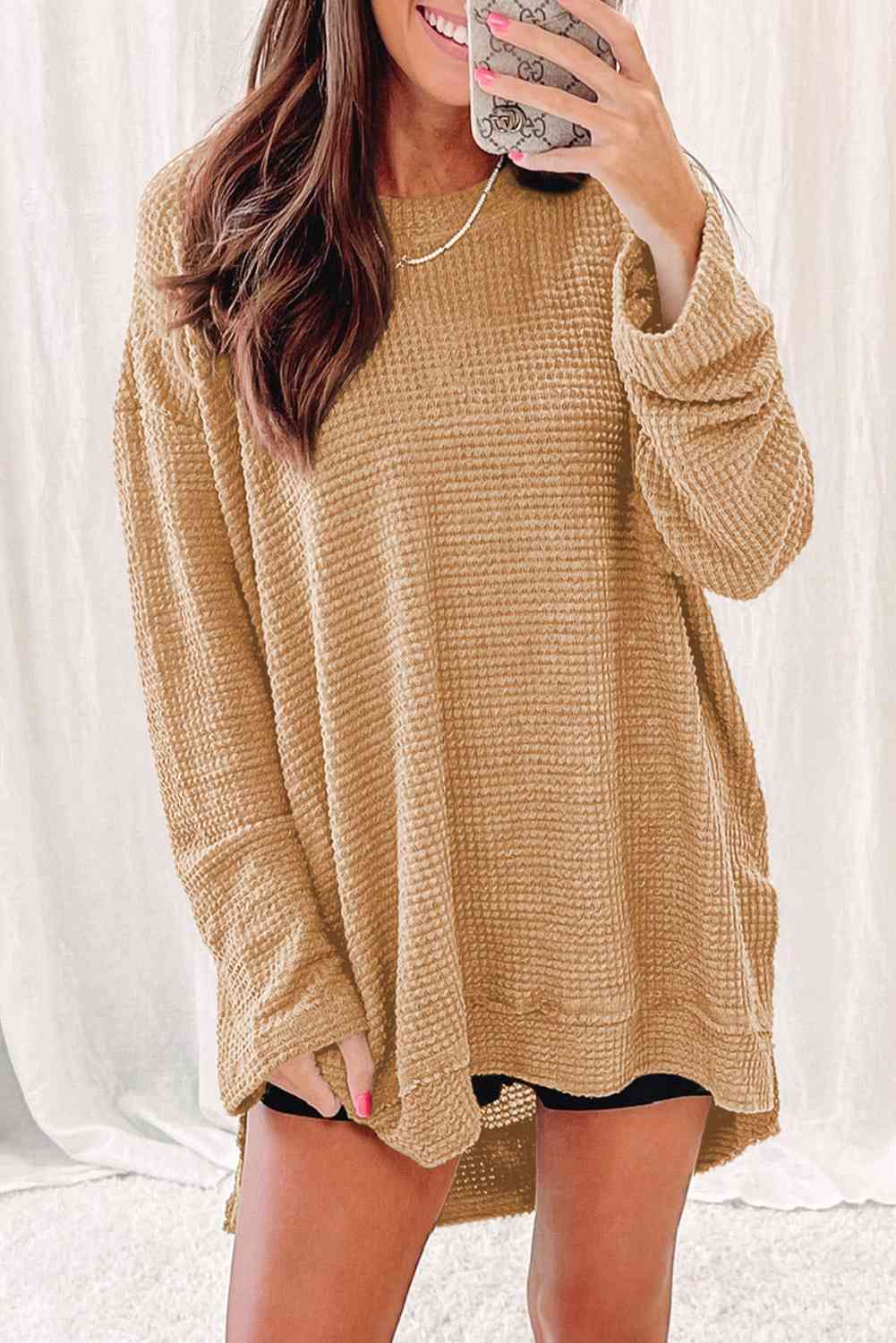 Waffle-Knit Round Neck Long Sleeve Sweatshirt - TRENDMELO