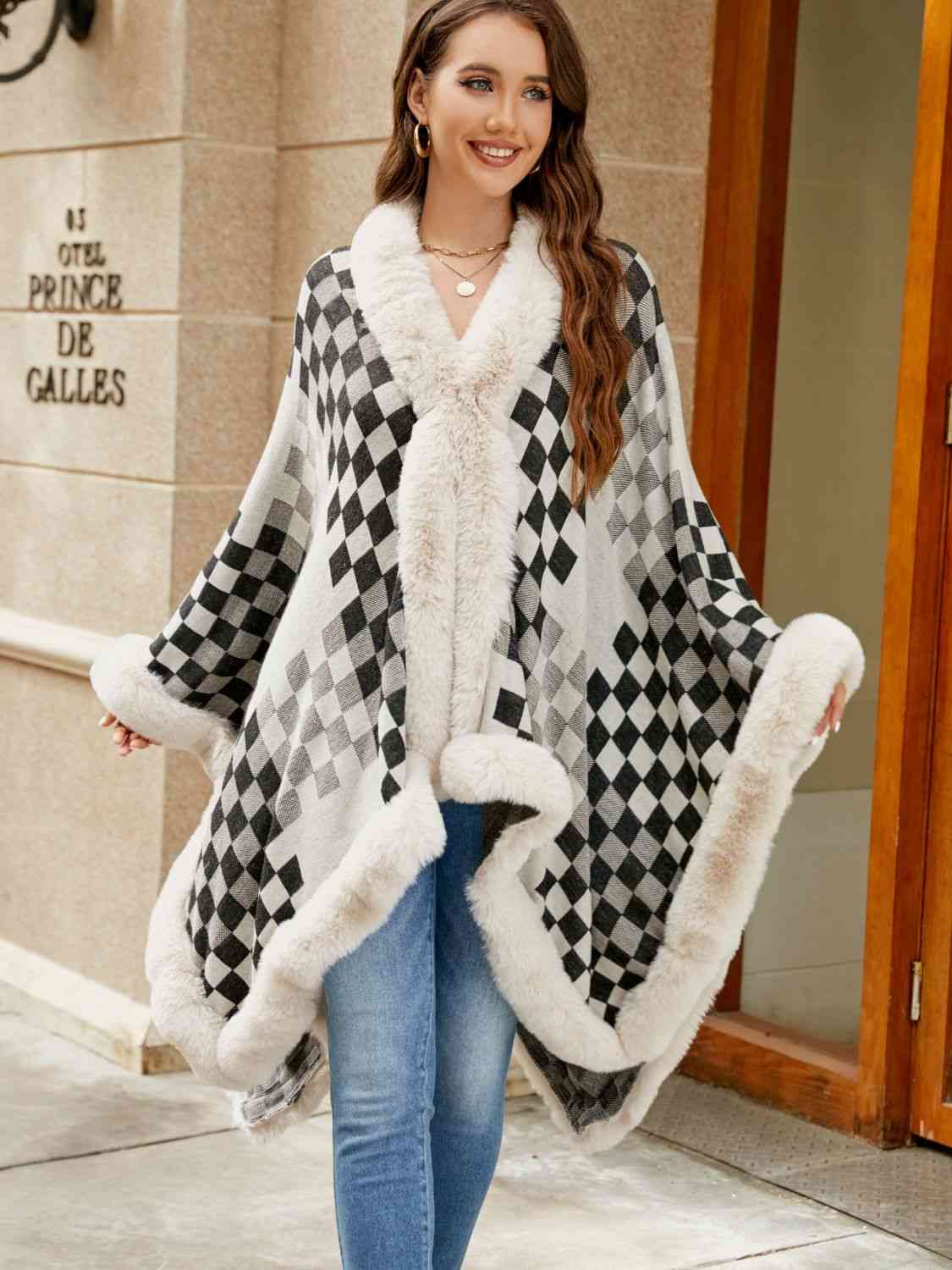 Checkered Faux Fur Trim Poncho - TRENDMELO