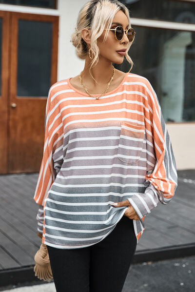 Pocketed Striped Round Neck Batwing Sleeve T-Shirt - TRENDMELO
