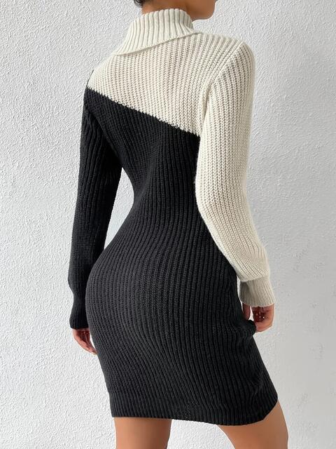 Contrast Turtleneck Sweater Dress - TRENDMELO