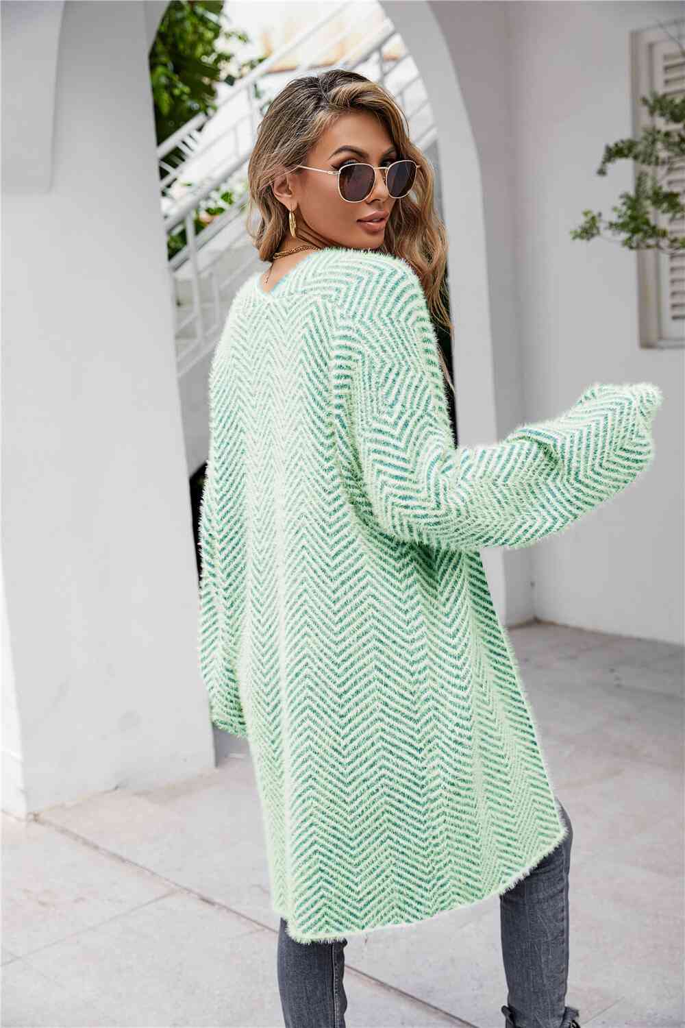 Herringbone Pattern Open Front Longline Fuzzy Cardigan - TRENDMELO