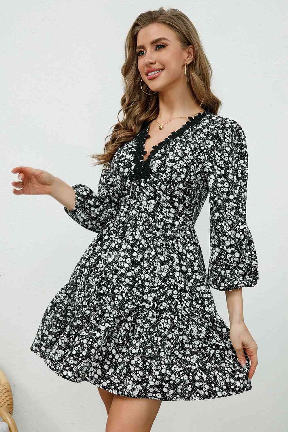 Printed Plunge Neck Flounce Sleeve Mini Dress - TRENDMELO