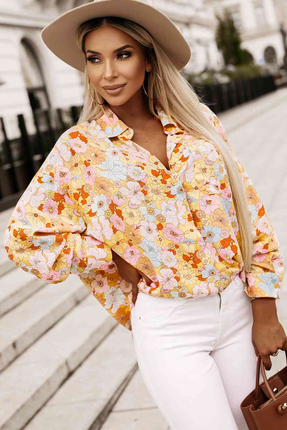 Floral Collared Neck Long Sleeve Shirt - TRENDMELO