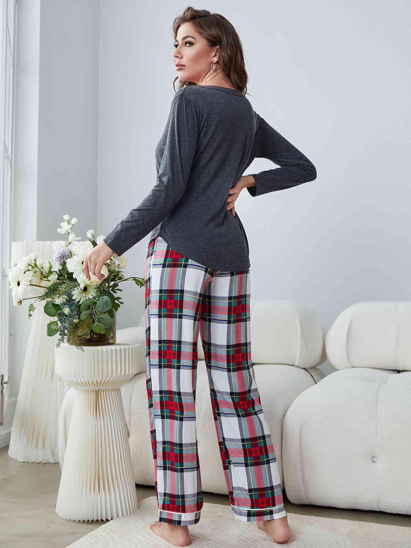 Buttoned Long Sleeve Top and Plaid Pants Lounge Set - TRENDMELO
