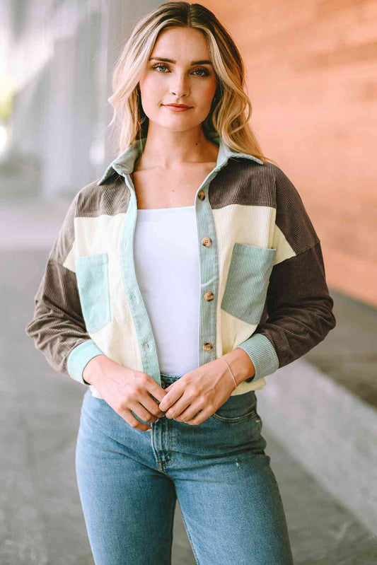 Color Block Collared Neck Jacket - TRENDMELO