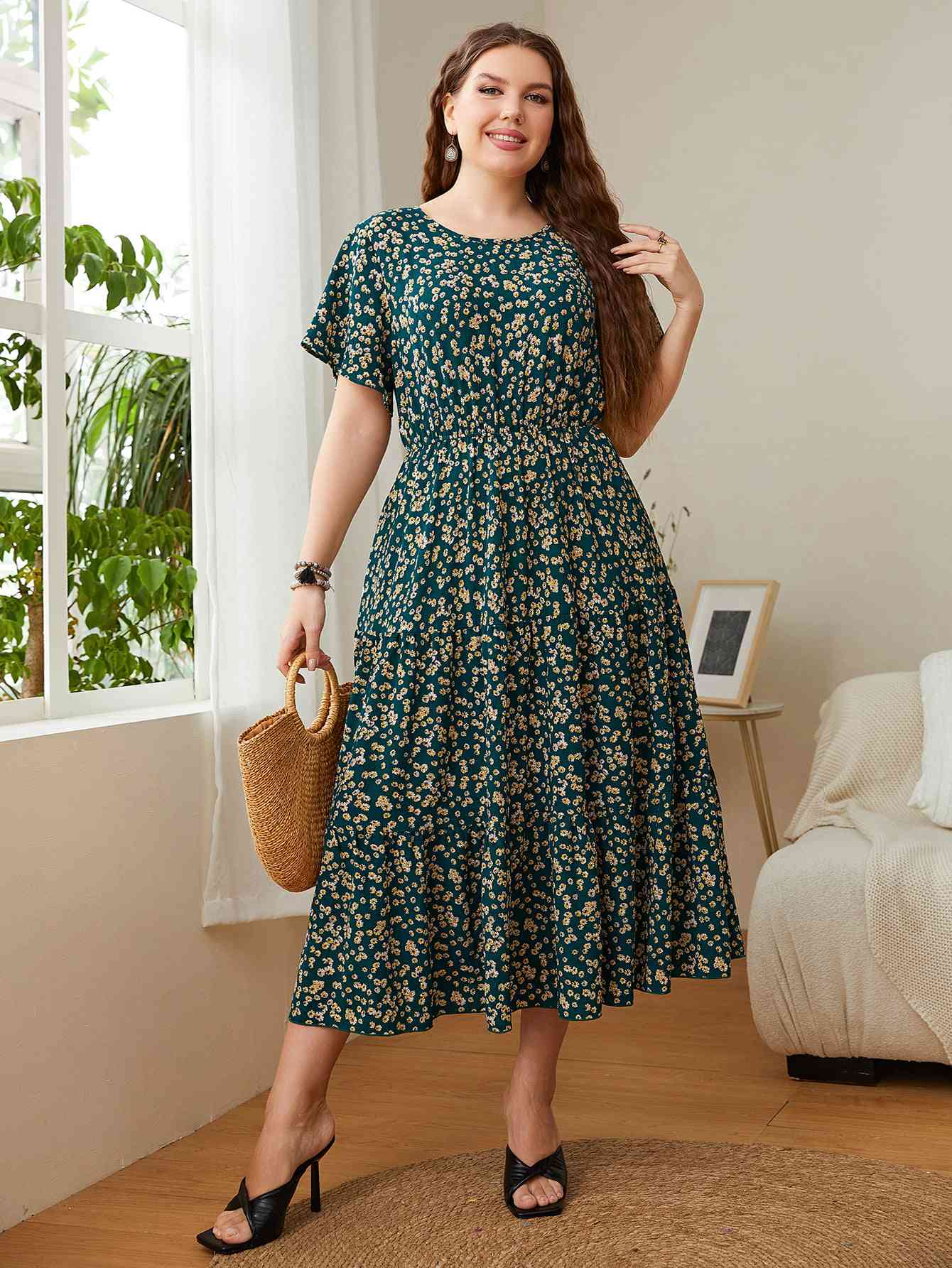 Plus Size Floral Round Neck Short Sleeve Midi Dress - TRENDMELO