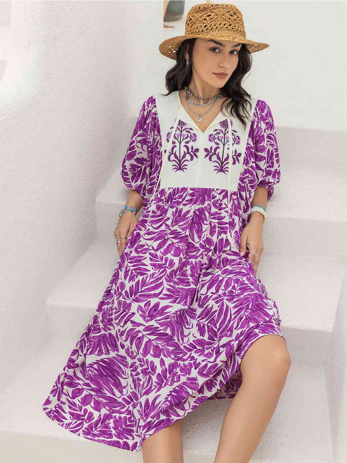 Printed Tie Neck Midi Dress - TRENDMELO