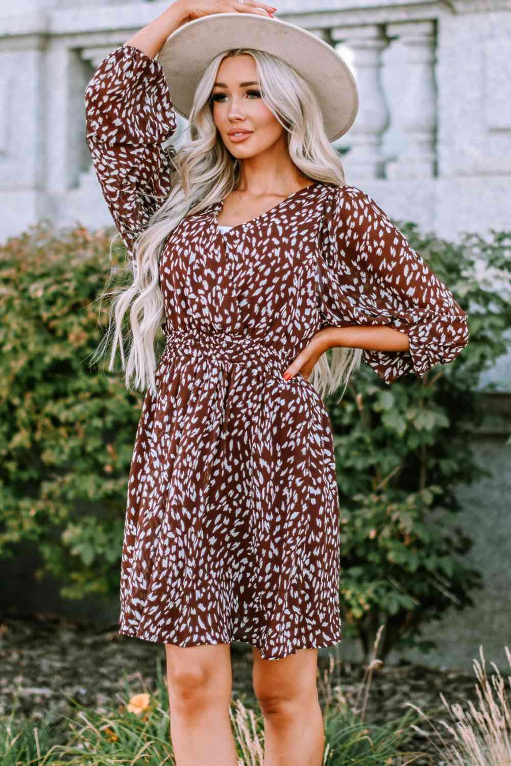 Printed Balloon Sleeve V-Neck Dress - TRENDMELO