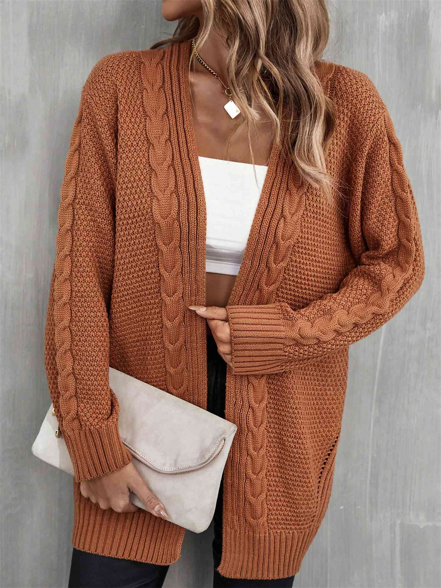 Warm Fall Mixed Knit Open Front Longline Cardigan - TRENDMELO