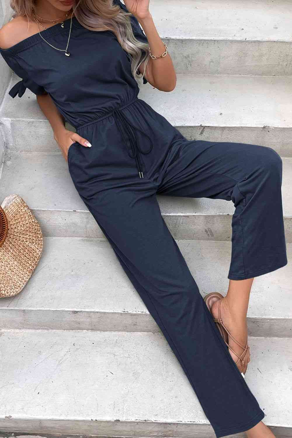 Off-Shoulder Tie Cuff Jumpsuit with Pockets - TRENDMELO