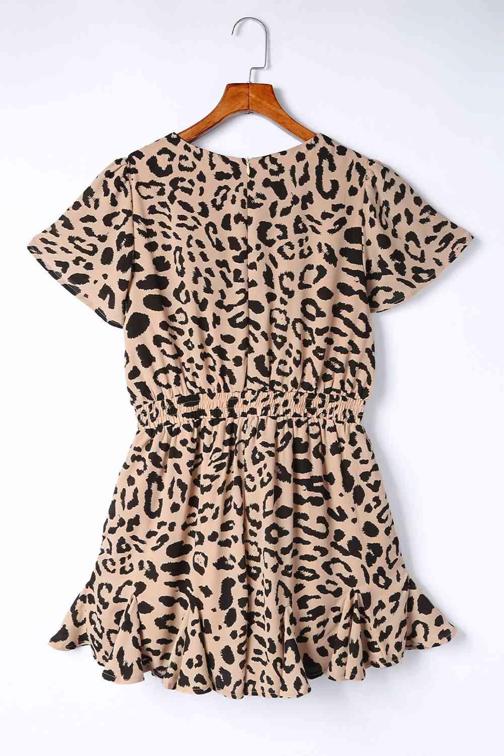 Leopard Flutter Sleeve Ruffle Hem Romper - TRENDMELO