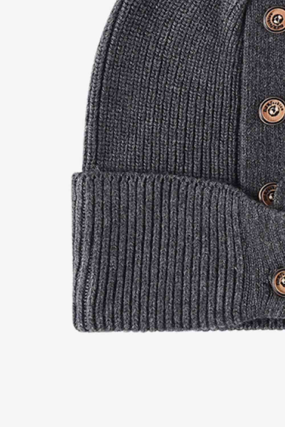 Button Detail Rib-Knit Cuff Beanie - TRENDMELO