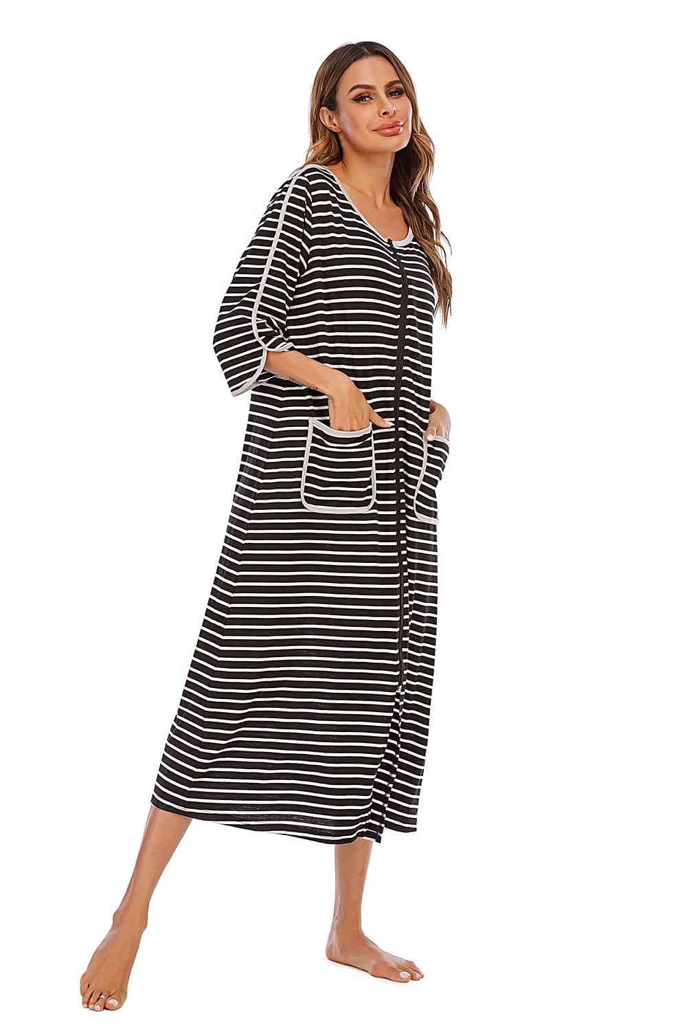 Round Neck Three-Quarter Sleeve Midi Night Dress - TRENDMELO