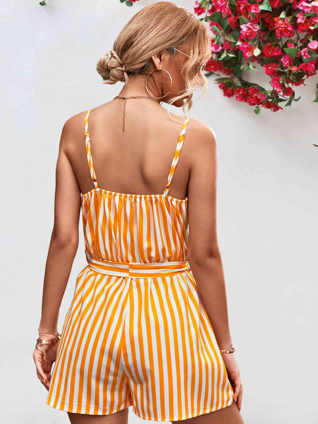 Striped Tie Waist Spaghetti Strap Romper - TRENDMELO