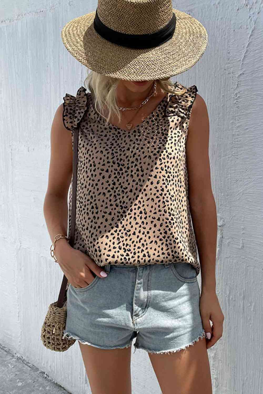 Leopard Frill Trim V-Neck Tank - TRENDMELO