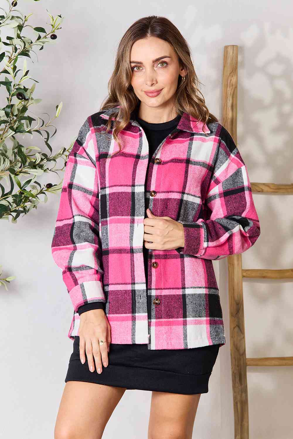 Double Take Plaid Button Up Collared Neck Jacket - TRENDMELO