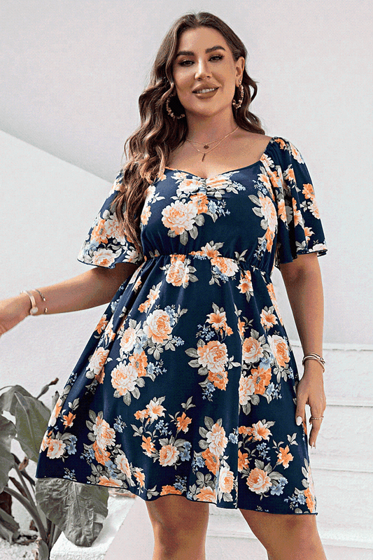 Plus Size Floral Print V-Neck Flutter Sleeve Mini Dress - TRENDMELO