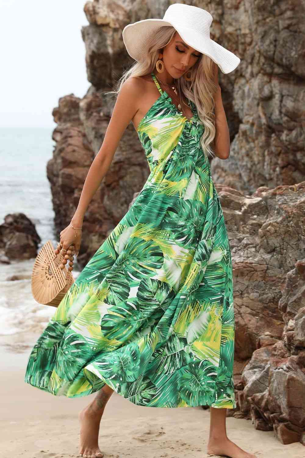 Botanical Print Halter Neck Dress - TRENDMELO