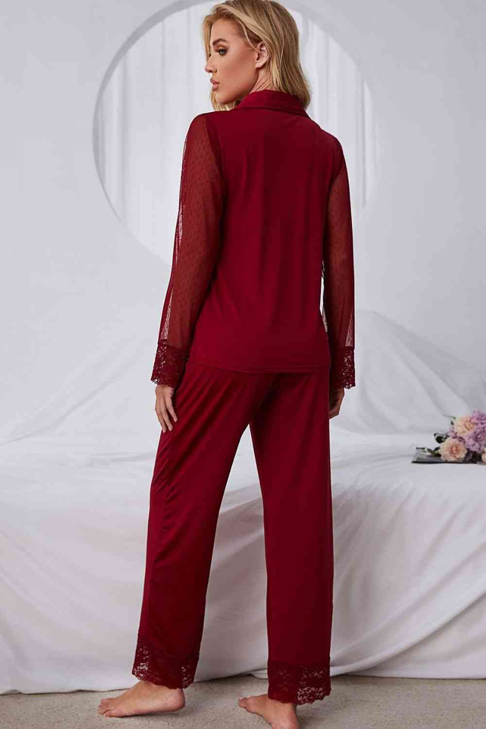 Spliced Lace Lapel Collar Pajama Set - TRENDMELO