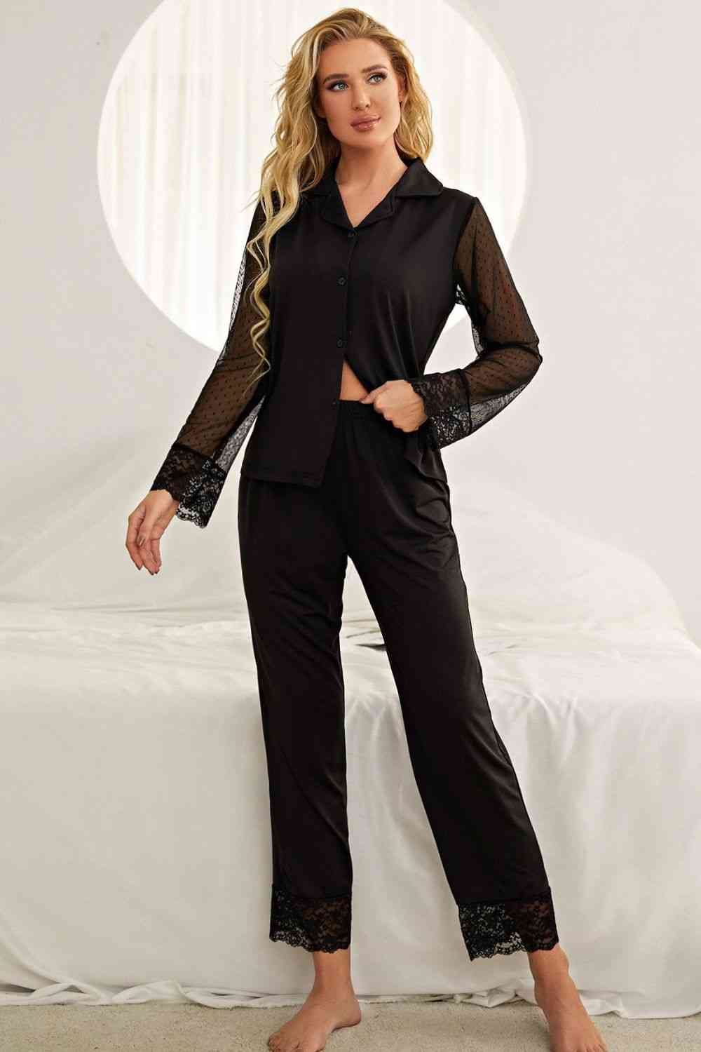 Spliced Lace Lapel Collar Pajama Set - TRENDMELO