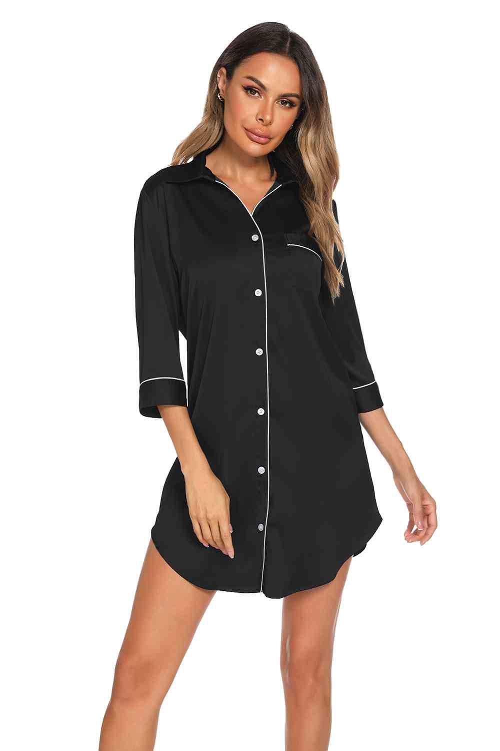 Button Up Collared Neck Night Dress with Pocket - TRENDMELO