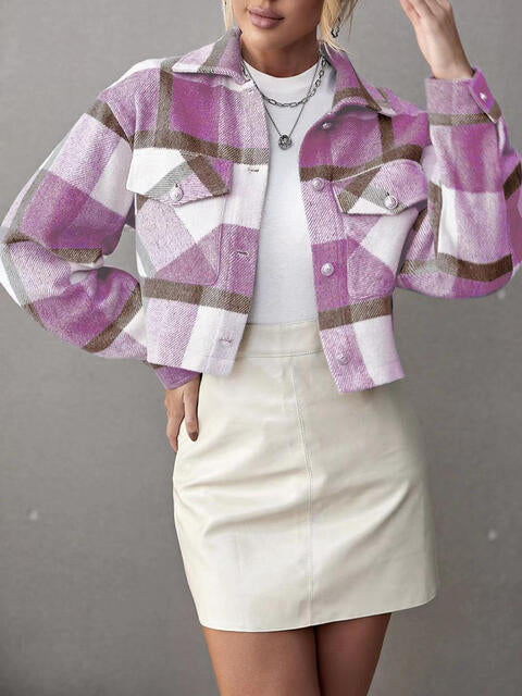 Plaid Collared Neck Button Down Jacket - TRENDMELO