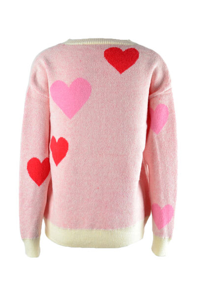 Heart Round Neck Droppped Shoulder Sweater - TRENDMELO