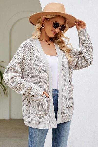 Open Front Raglan Sleeve Pocketed Cardigan - TRENDMELO