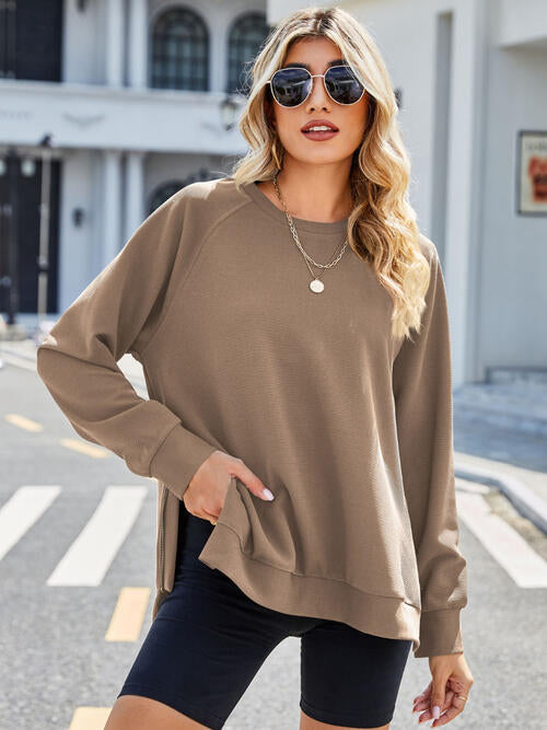 Zip Detail Round Neck Long Sleeve Sweatshirt - TRENDMELO