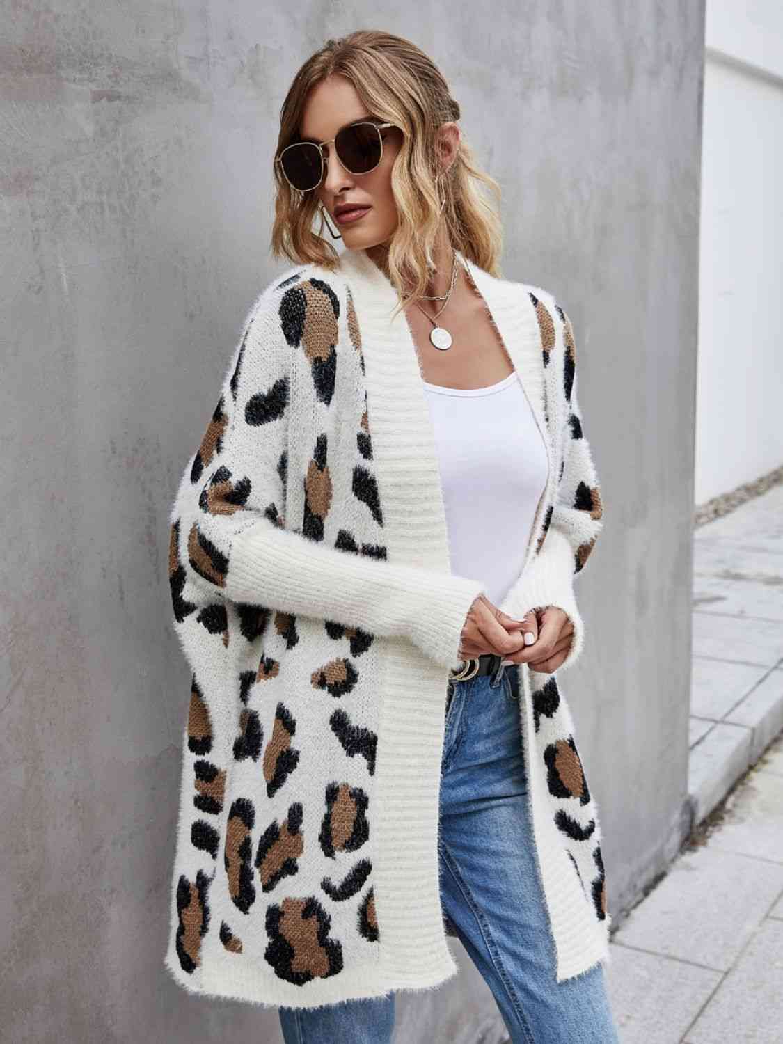 Leopard Pattern Fuzzy Cardigan - TRENDMELO