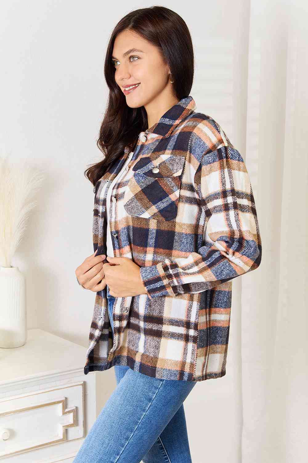 Double Take Plaid Button Front Shirt Jacket with Breast Pockets - TRENDMELO