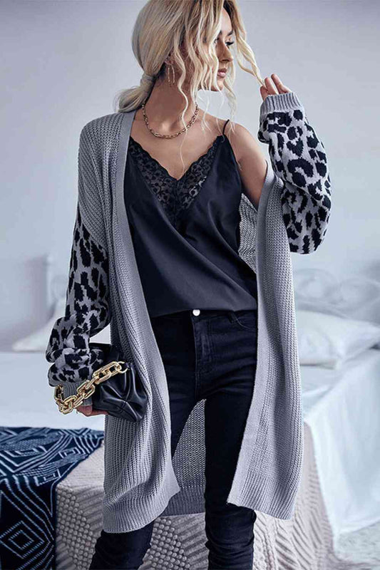 Leopard Sleeves Waffle Knit Open Front Cardigan - TRENDMELO