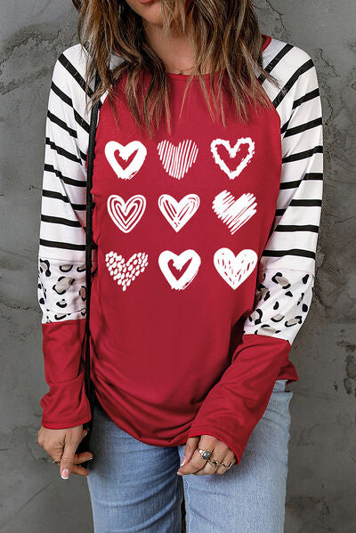 Heart Striped Raglan Sleeve T-Shirt - TRENDMELO