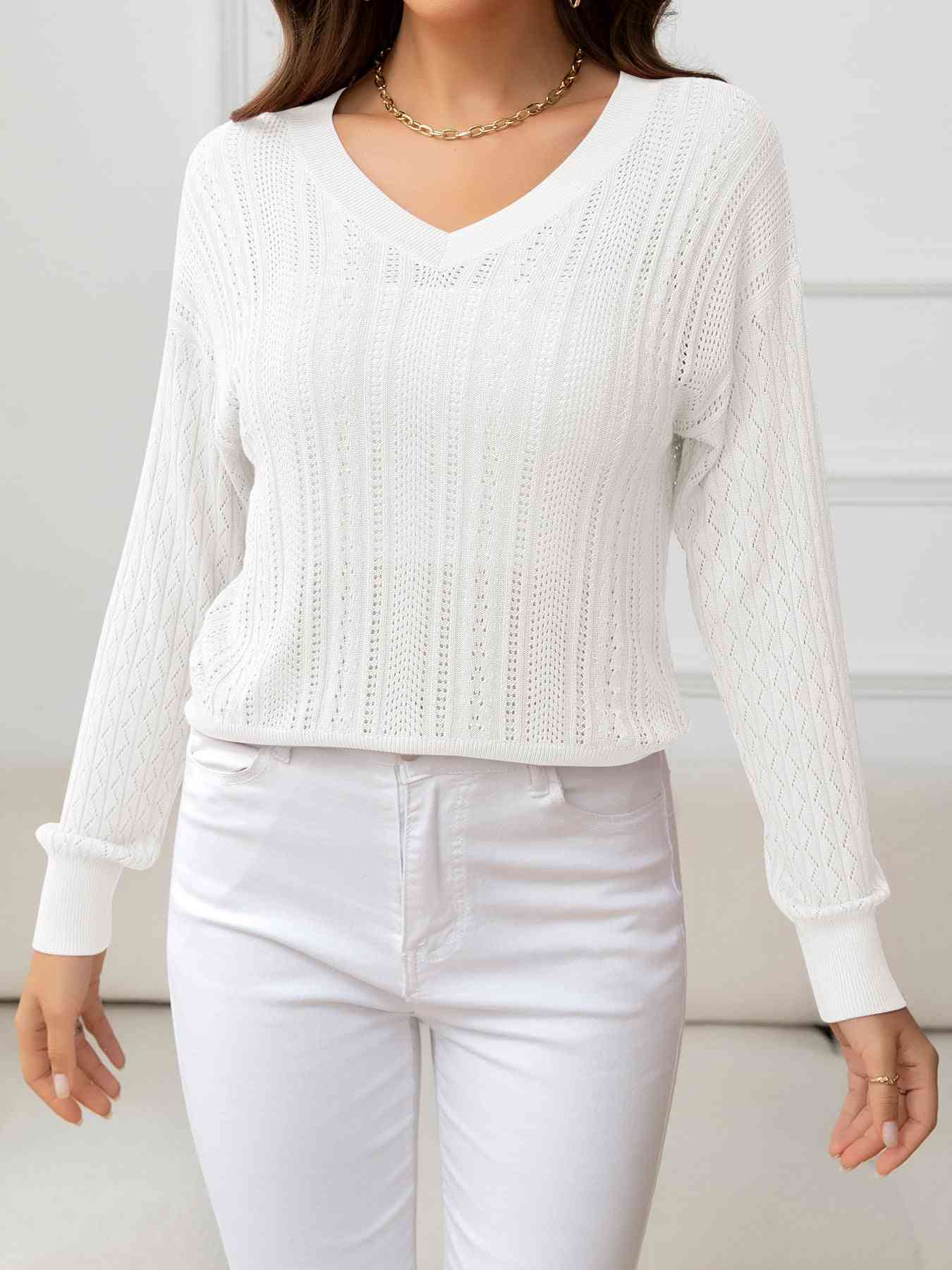 V-Neck Long Sleeve Eyelet Knit Top - TRENDMELO