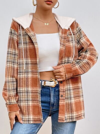 Plaid Button Up Drawstring Hooded Jacket - TRENDMELO